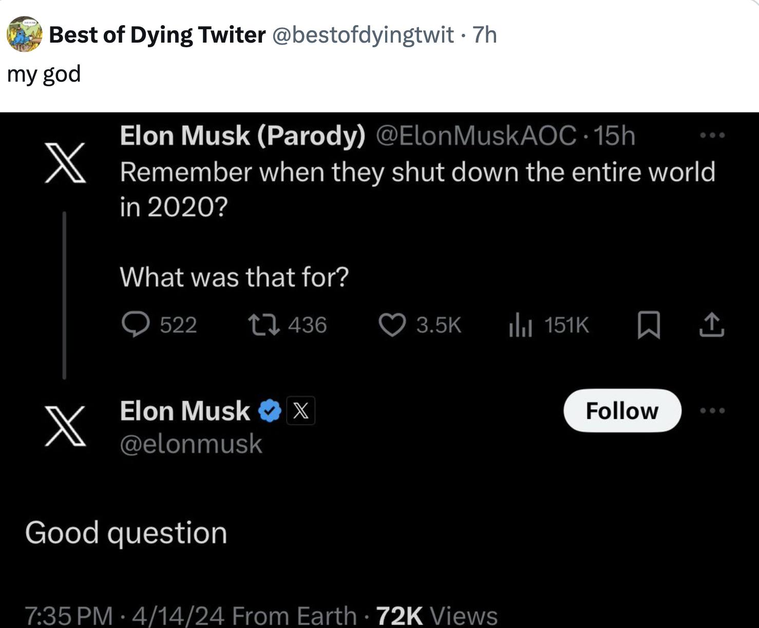 The meme is a screenshot of a Twitter post from Elon Musk's account, where he responds to a tweet asking "What was the point of 2023?" with "2023 was just like 2020, but worse".